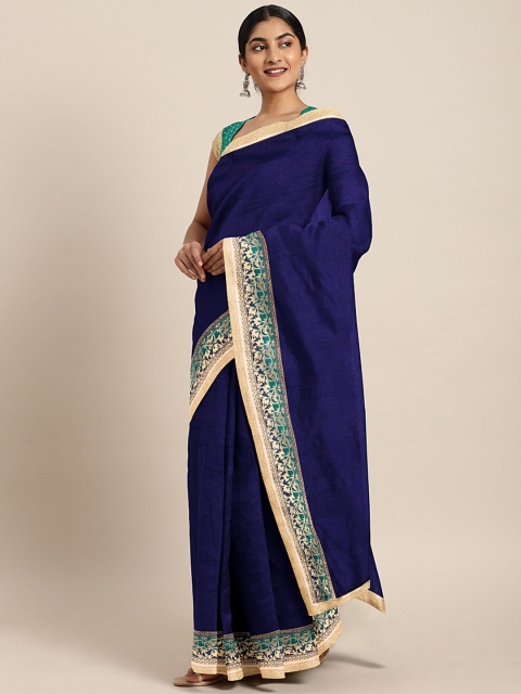 

Triveni Navy Blue Solid Silk Blend Saree