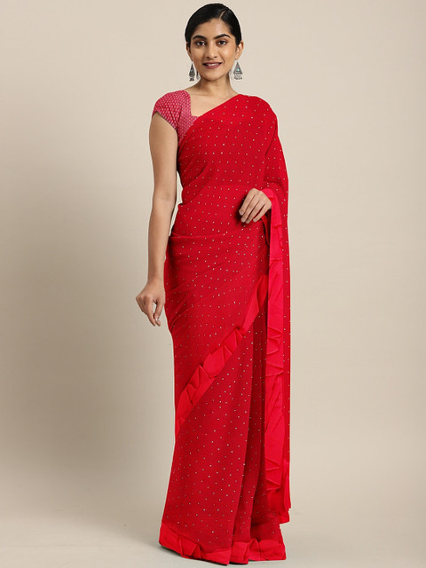 

Triveni Red Embellished Poly Chiffon Saree
