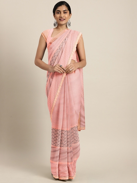 

Triveni Peach-Coloured Solid Net Saree With Embellished Detail