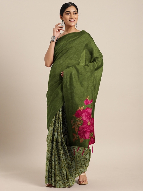 

Triveni Green & Pink Silk Blend Printed Saree