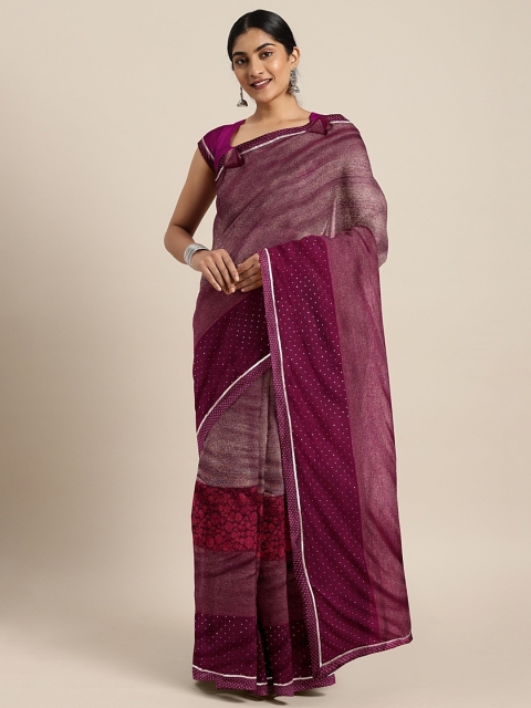 

Triveni Burgundy & Gold-Toned Net Embellished Saree With Lace Detailing