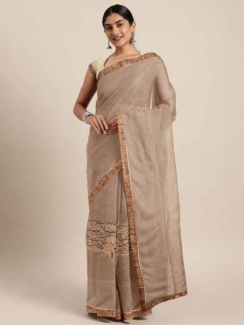 

Triveni Beige Embellished Net Saree With Lace Detailing