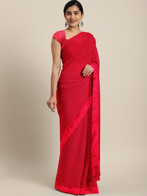 

Triveni Red Embellished Poly Chiffon Saree With Ruffled Border