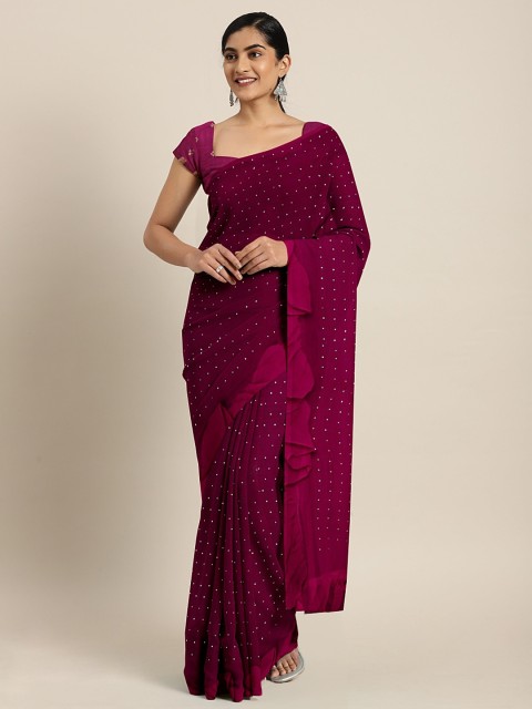 

Triveni Burgundy Embellished Poly Chiffon Saree With Ruffled Border