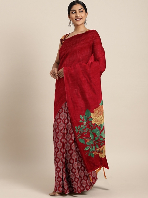 

Triveni Maroon & Off-White Silk Blend Printed Half And Half Saree