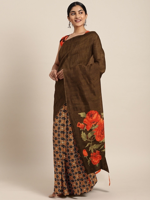 

Triveni Coffee Brown & Coral Orange Silk Blend Printed Saree