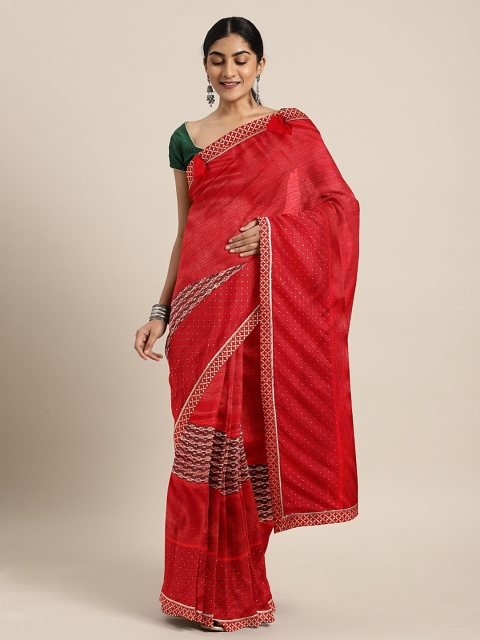 

Triveni Red Embellished Net Saree With lace Detailing