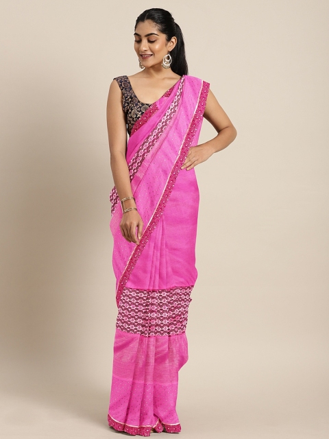 

Triveni Pink Embellished Net Saree With Lace Detailing