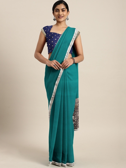 

Triveni Teal Blue Poly Georgette Solid Chanderi Saree