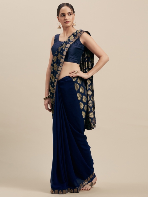 

Nanda Silk Mills Navy Blue & Gold-Coloured Pure Georgette Woven Design Mysore Silk Saree