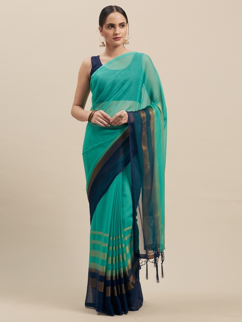 

Nanda Silk Mills Turquoise Blue & Navy Blue Pure Chiffon Solid Mysore Silk Saree