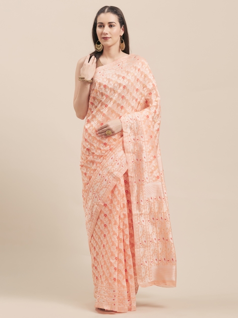 

Nanda Silk Mills Peach-Coloured Jute Cotton Woven Design Mysore Silk Saree