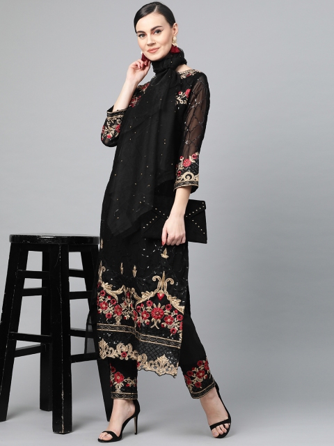 

Ishin Women Black & Golden Embroidered Kurta with Trousers & Dupatta