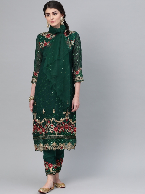 

Ishin Women Green & Golden Embellished Kurta with Trousers & Dupatta