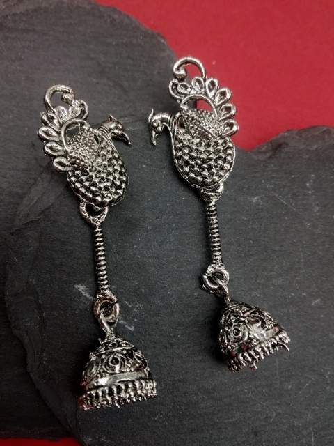 

Fida Silver-Toned Peacock Shaped Jhumkas