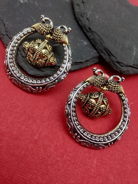 

Fida Silver & Gold-Tonedgold Oxidised Circular Drop Earrings