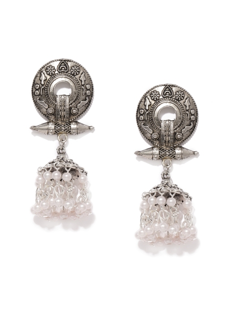 

Fida Silver-Toned Dome Shaped Filigree Jhumkas