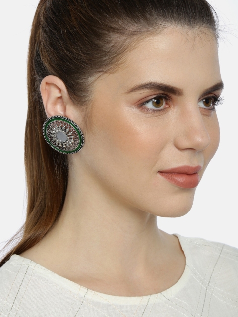 

Fida Silver-Toned & Green Circular Mirror Oversized Studs