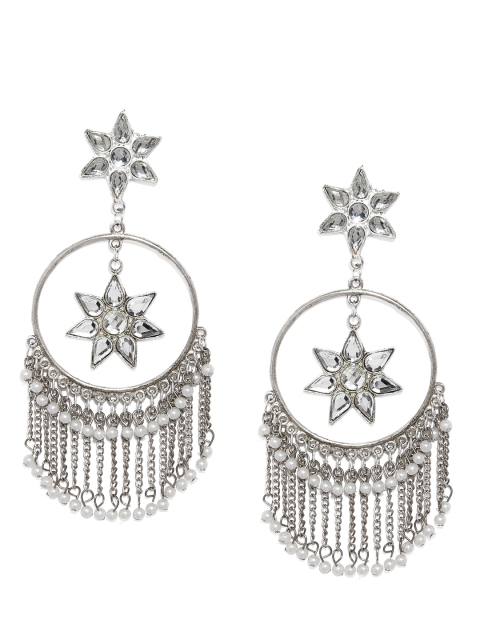 

Fida Silver-Toned Circular Floral Drop Earrings