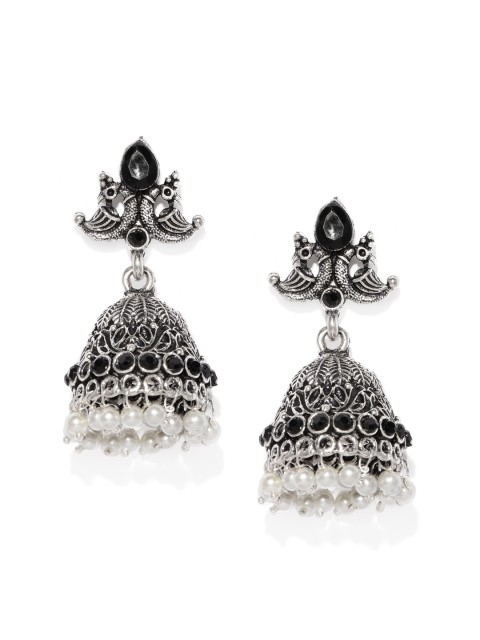 

Fida Silver-Toned Dome Shaped Oxidised Studded Jhumkas