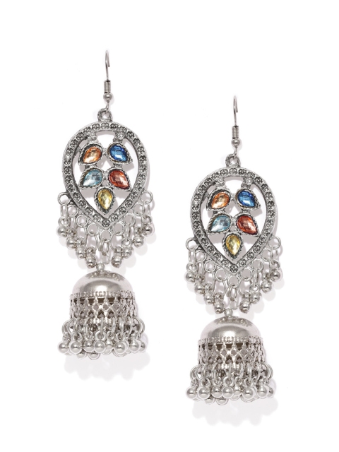 

Fida Silver-Toned Dome Shaped Studded Jhumkas