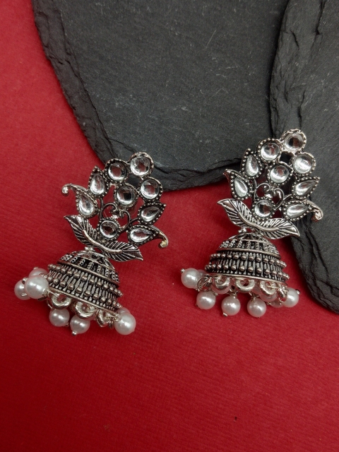 

Fida Silver-Toned Oxidised Dome Shaped Jhumkas