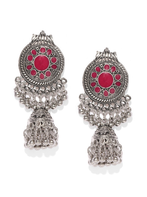 

Fida Silver-Toned & Pink Dome Shaped Jhumkas