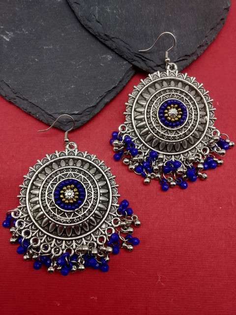 

Fida Silver-Toned & Blue Circular Drop Earrings