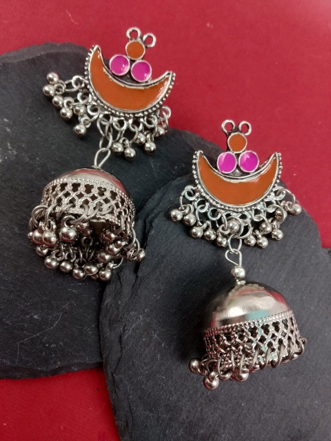 

Fida Orange & Silver-Toned Enamelled Dome Shaped Jhumkas