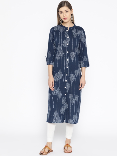 

Rangoli Jaipur Women Navy Blue & White Printed Straight Kurta