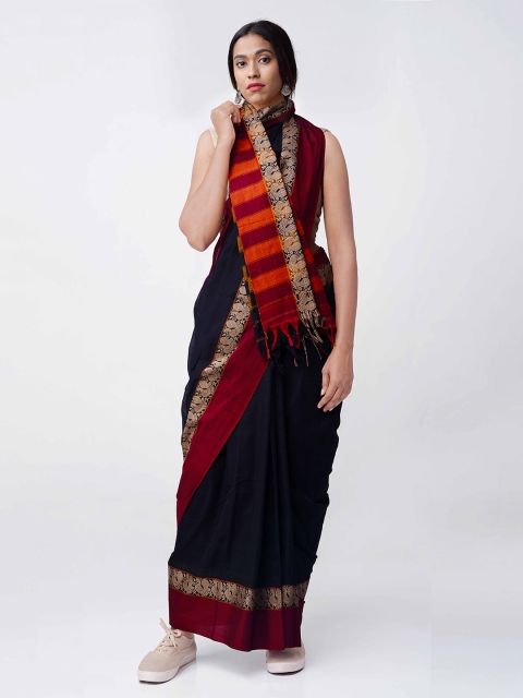 

Unnati Silks Black Pure Cotton Solid Narayan Peth Saree