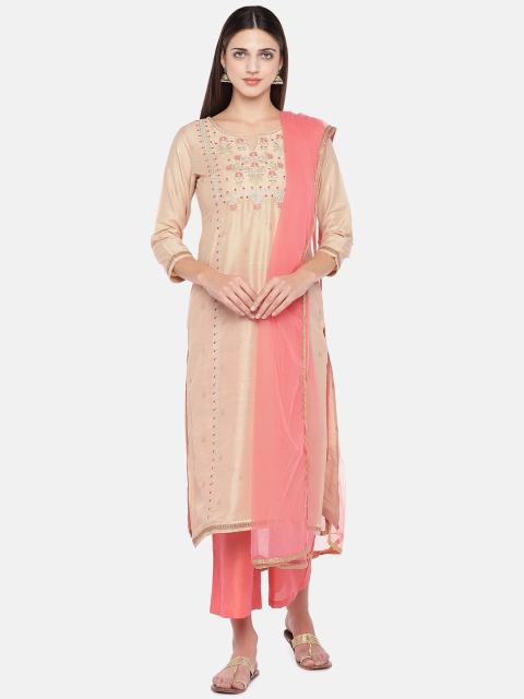 

Ethnicity Women Beige & Pink Embroidered Kurta with Trousers & Dupatta