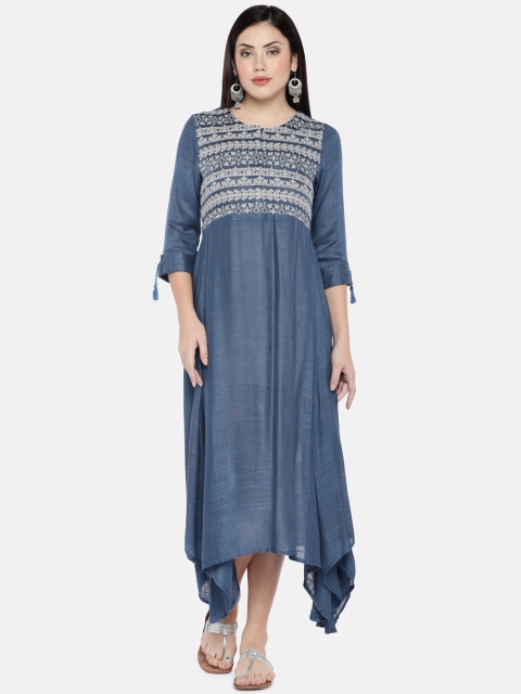 

Ethnicity Women Blue Embroidered Ethnic Fit and Flare Dress