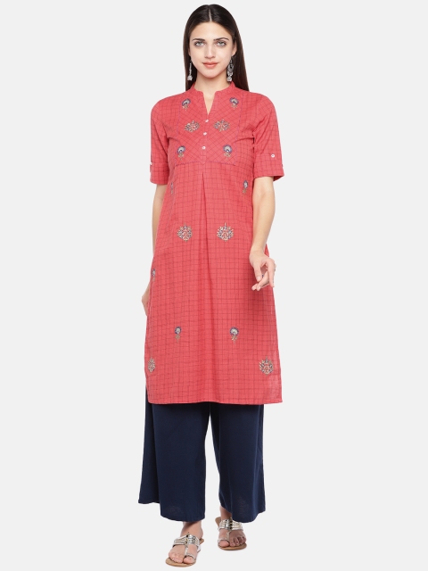 

Ethnicity Women Coral Red & Blue Linen Woven Design Straight Kurta