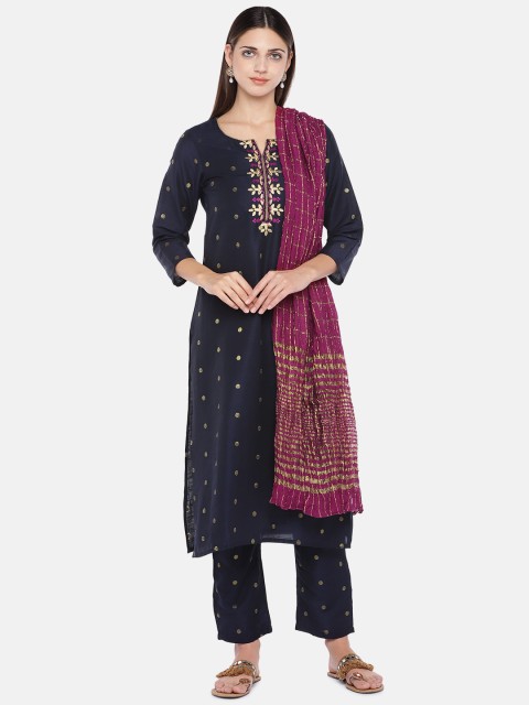 

Ethnicity Women Navy Blue Printed Kurta with Trousers & Dupatta