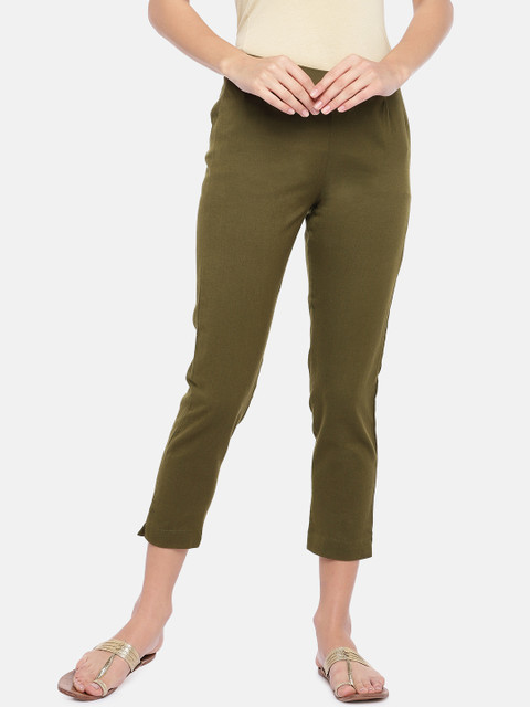 

Ethnicity Women Olive Green Loose Fit Solid Cigarette Trousers