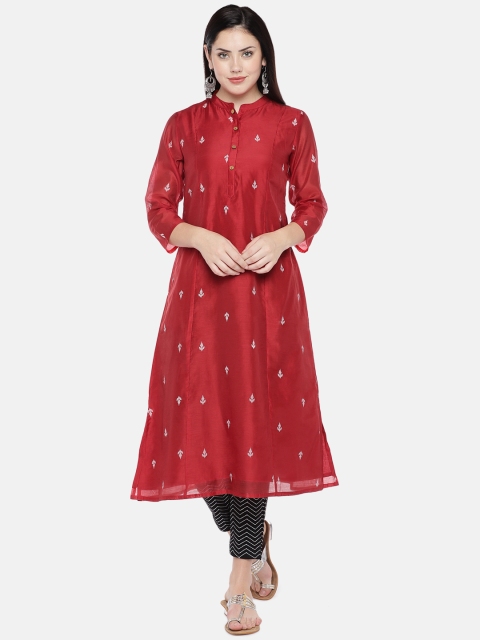 

Ethnicity Women Red & Off-White Woven Design Chanderi Cotton A-Line Kurta