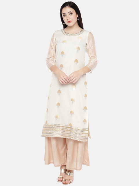 

Ethnicity Women White Printed Straight Kurta