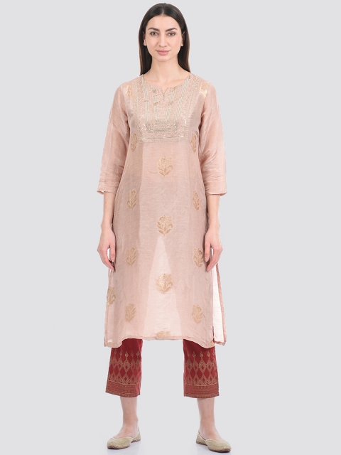 

Ethnicity Women Pink & Gold-Toned Woven Design Linen A-Line Kurta