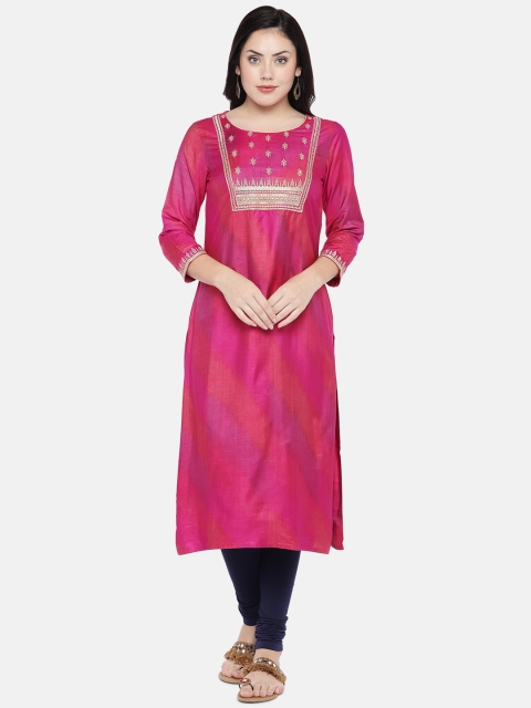 

Ethnicity Women Pink & Gold-Toned Yoke Design Straight Kurta