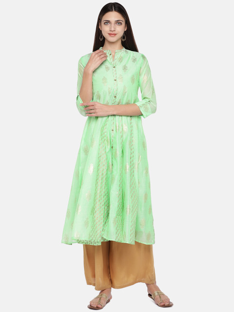 

Ethnicity Women Green & Gold-Coloured Printed A-Line Kurta