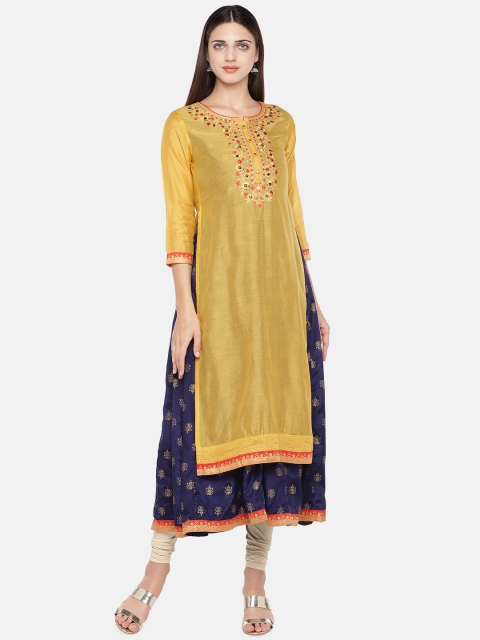 

Ethnicity Women Yellow Embroidered Straight Kurta