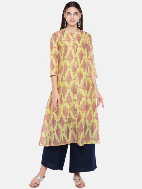 

Ethnicity Women Yellow & Pink Printed A-Line Kurta