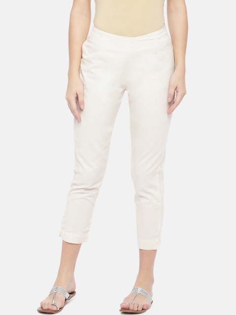 

Ethnicity Women Off-White Loose Fit Solid Cigarette Trousers