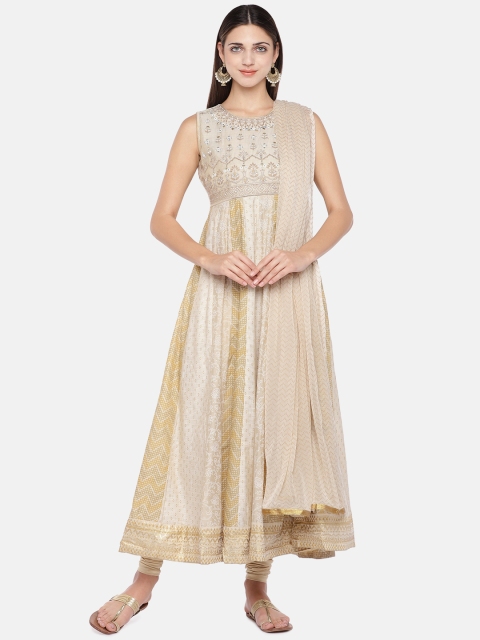 

Ethnicity Women Beige Embroidered A-Line Kurta With Dupatta