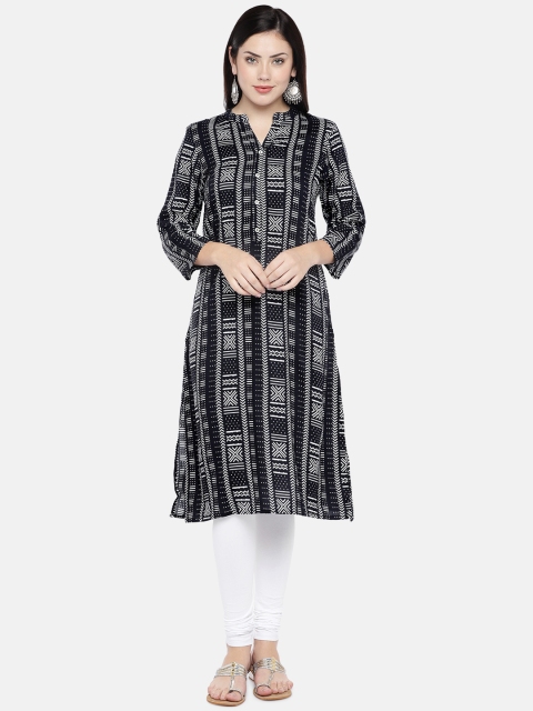 

Ethnicity Women Black & White Printed Straight Kurta