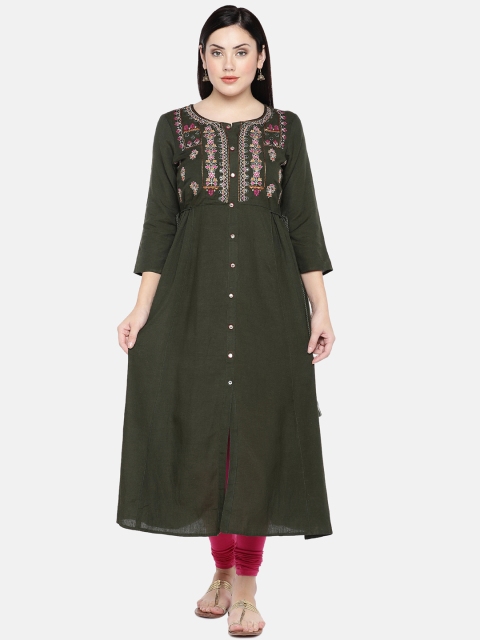 

Ethnicity Women Olive Green Embroidered Anarkali Kurta