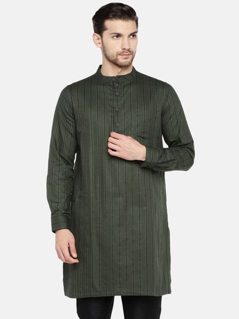 

Ethnicity Men Olive Green & Black Striped Straight Kurta