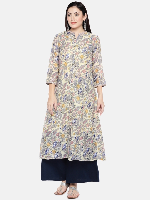 

Ethnicity Women Yellow & Blue Printed A-Line Kurta