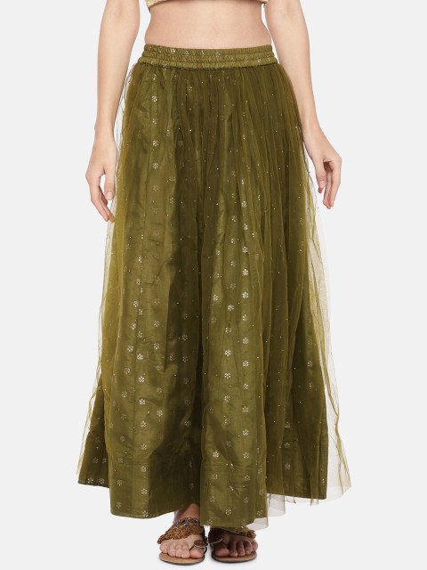 

Ethnicity Women Olive Green Printed Flared Skirt